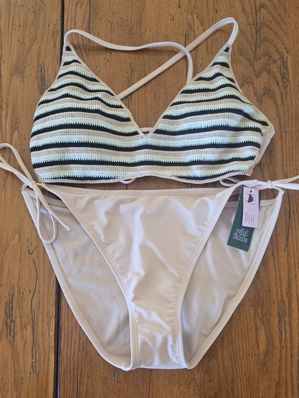 wild fable Striped Knit Triangle Bikini Top with Cream Tie-Side Bottoms